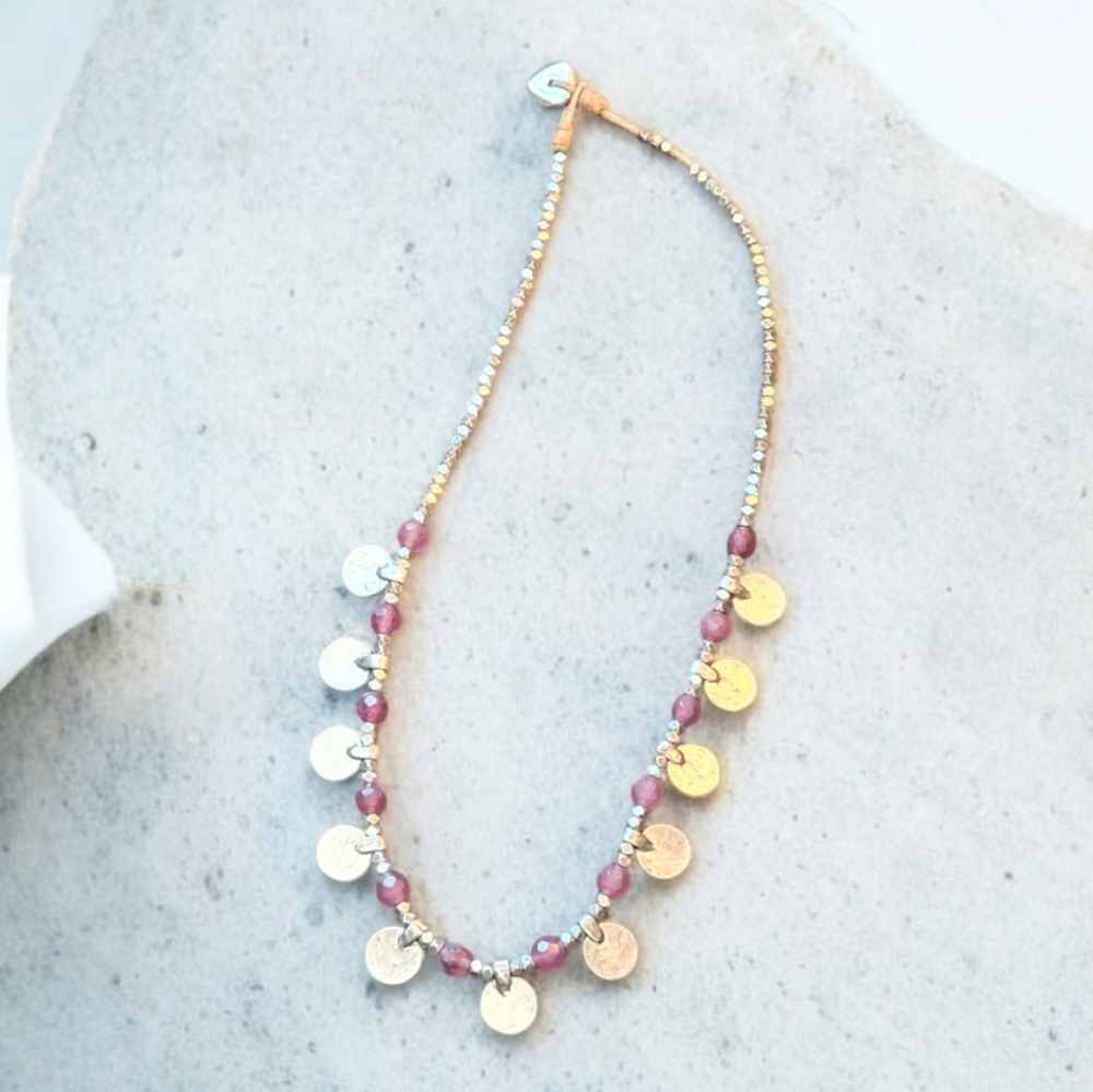 Natural Pink Quartz Stone & Silver Plated Pyrite Beaded Coin Toggle Necklace 19"